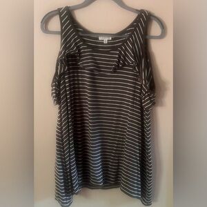 Max Studio Women's Cold Shoulder Top, Hunter Green w/White Stripes, Sz L, 28" L